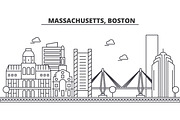 Massachusetts, Boston architecture line skyline illustration. Linear vector cityscape with famous landmarks, city sights, design icons. Landscape wtih editable strokes