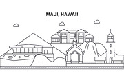 Maui, Hawaii architecture line skyline illustration. Linear vector cityscape with famous landmarks, city sights, design icons. Landscape wtih editable strokes