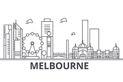 Melbourne architecture line skyline illustration. Linear vector cityscape with famous landmarks, city sights, design icons. Landscape wtih editable strokes