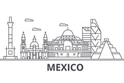 Mexico architecture line skyline illustration. Linear vector cityscape with famous landmarks, city sights, design icons. Landscape wtih editable strokes
