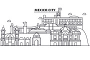 Mexico City architecture line skyline illustration. Linear vector cityscape with famous landmarks, city sights, design icons. Landscape wtih editable strokes