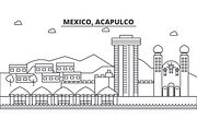 Mexico, Acapulco architecture line skyline illustration. Linear vector cityscape with famous landmarks, city sights, design icons. Landscape wtih editable strokes