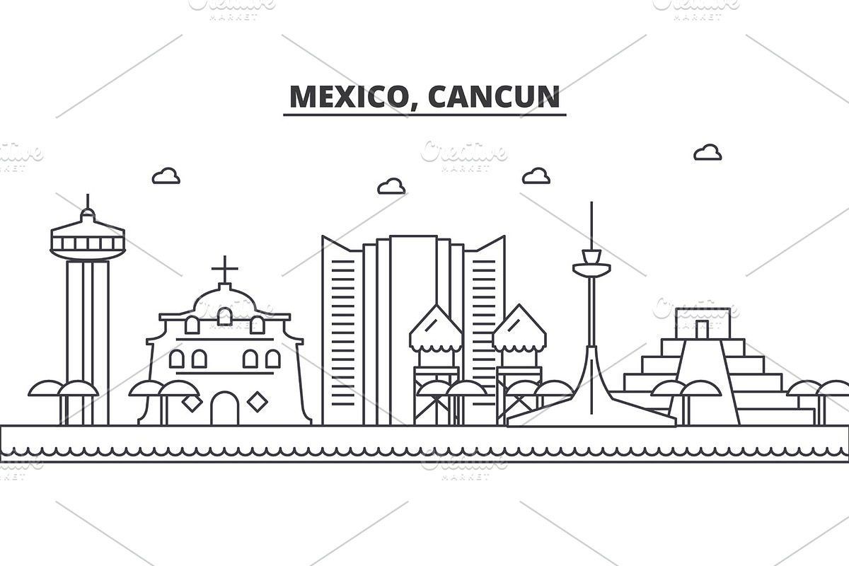 Mexico, Cancun architecture line skyline illustration. Linear vector cityscape with famous landmarks, city sights, design icons. Landscape wtih editable strokes in Illustrations - product preview 8
