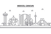 Mexico, Cancun architecture line skyline illustration. Linear vector cityscape with famous landmarks, city sights, design icons. Landscape wtih editable strokes