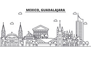Mexico, Guadalajara architecture line skyline illustration. Linear vector cityscape with famous landmarks, city sights, design icons. Landscape wtih editable strokes