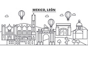 Mexico, Leon architecture line skyline illustration. Linear vector cityscape with famous landmarks, city sights, design icons. Editable strokes