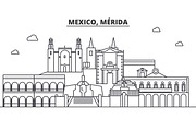 Mexico, Merida architecture line skyline illustration. Linear vector cityscape with famous landmarks, city sights, design icons. Editable strokes
