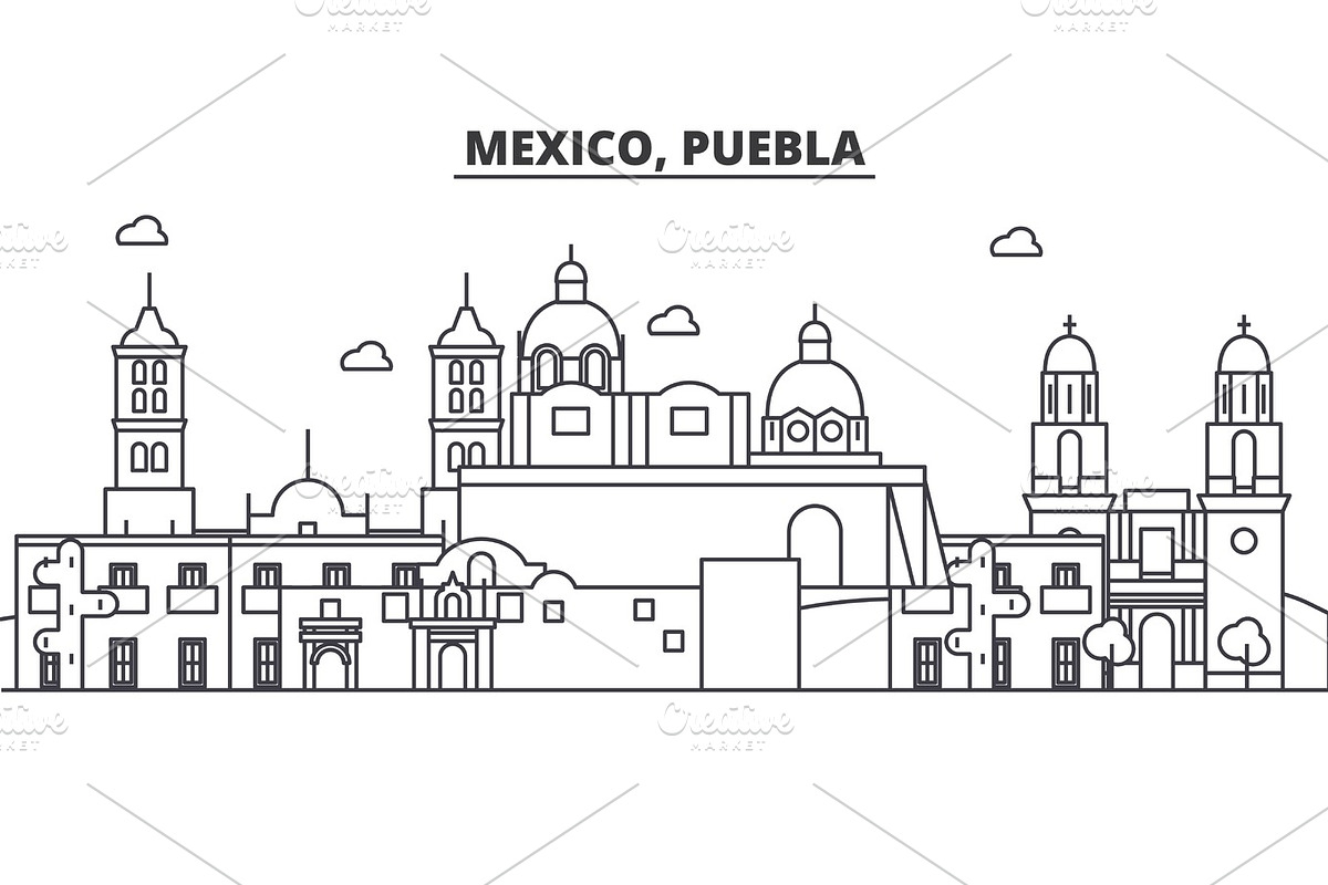 Mexico, Puebla architecture line skyline illustration. Linear vector cityscape with famous landmarks, city sights, design icons. Landscape wtih editable strokes in Illustrations - product preview 8