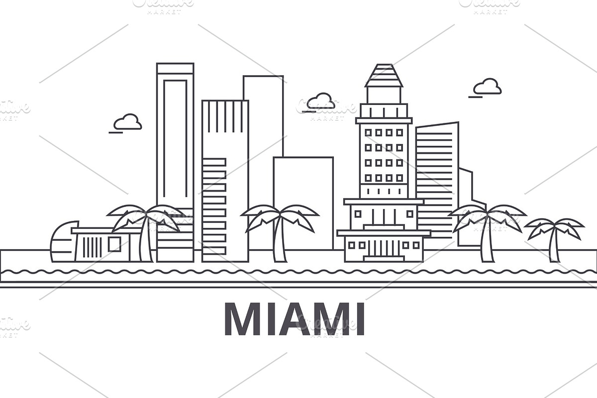 Miami architecture line skyline illustration. Linear vector cityscape with famous landmarks, city sights, design icons. Landscape wtih editable strokes in Illustrations - product preview 8