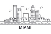 Miami architecture line skyline illustration. Linear vector cityscape with famous landmarks, city sights, design icons. Landscape wtih editable strokes