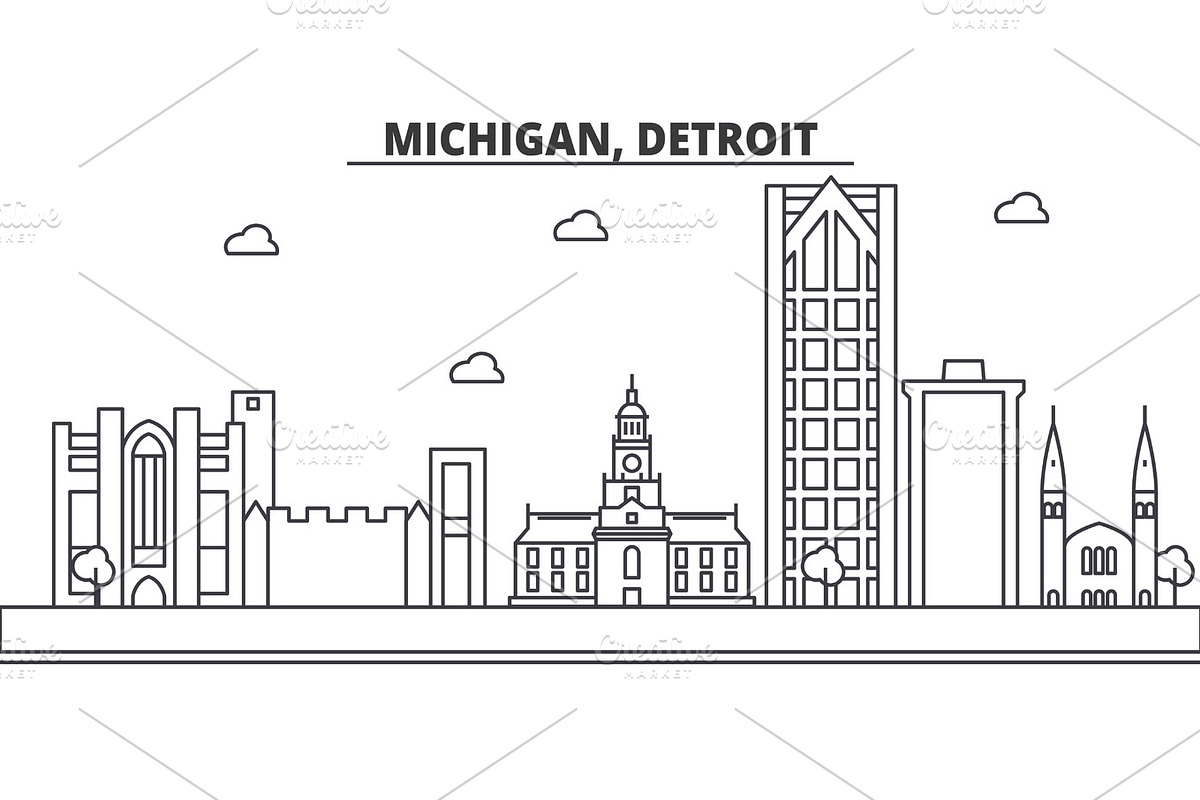 Michigan, Detroit architecture line skyline illustration. Linear vector cityscape with famous landmarks, city sights, design icons. Landscape wtih editable strokes in Illustrations - product preview 8