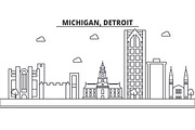 Michigan, Detroit architecture line skyline illustration. Linear vector cityscape with famous landmarks, city sights, design icons. Landscape wtih editable strokes