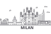 Milan architecture line skyline illustration. Linear vector cityscape with famous landmarks, city sights, design icons. Landscape wtih editable strokes
