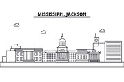 Mississippi, Jackson architecture line skyline illustration. Linear vector cityscape with famous landmarks, city sights, design icons. Landscape wtih editable strokes