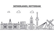 Netherlands, Rotterdam architecture line skyline illustration. Linear vector cityscape with famous landmarks, city sights, design icons. Landscape wtih editable strokes
