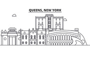 Queens, New York architecture line skyline illustration. Linear vector cityscape with famous landmarks, city sights, design icons. Landscape wtih editable strokes