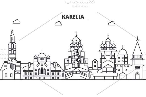 Russia, Karelia architecture line skyline illustration. Linear vector cityscape with famous landmarks, city sights, design icons. Landscape wtih editable strokes