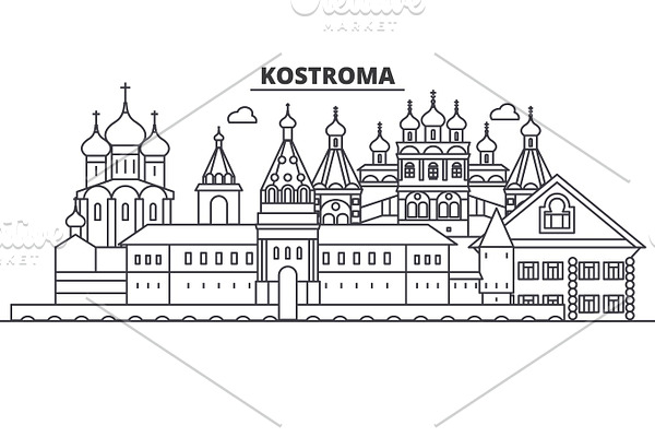 Russia, Kostroma architecture line skyline illustration. Linear vector cityscape with famous landmarks, city sights, design icons. Landscape wtih editable strokes