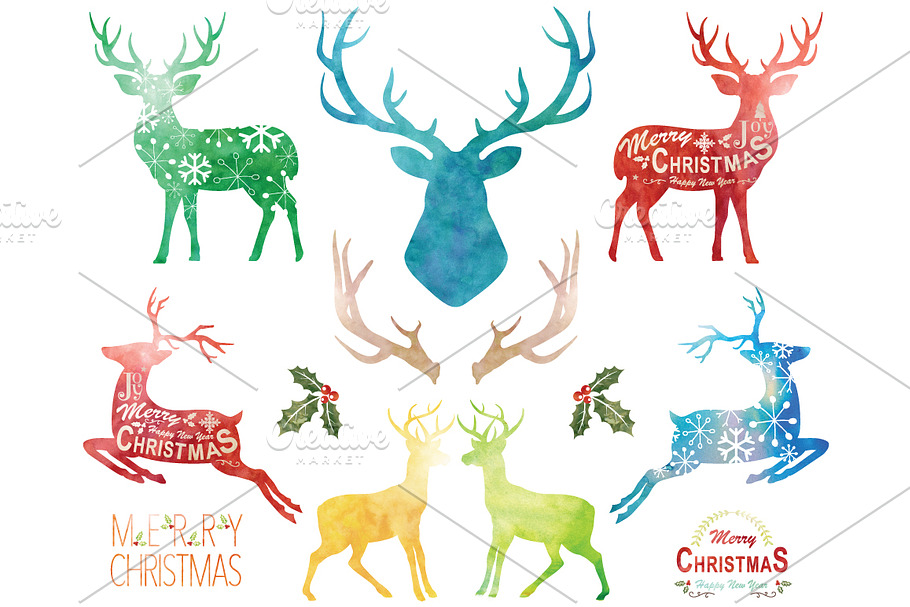 Watercolor Christmas Reindeer Set