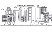 Spain, Benidorm architecture line skyline illustration. Linear vector cityscape with famous landmarks, city sights, design icons. Landscape wtih editable strokes