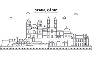 Spain, Cadiz architecture line skyline illustration. Linear vector cityscape with famous landmarks, city sights, design icons. Landscape wtih editable strokes