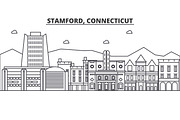Stamford, Connecticut architecture line skyline illustration. Linear vector cityscape with famous landmarks, city sights, design icons. Landscape wtih editable strokes