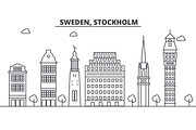Sweden, Stockholm architecture line skyline illustration. Linear vector cityscape with famous landmarks, city sights, design icons. Landscape wtih editable strokes