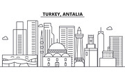 Turkey, Antalia architecture line skyline illustration. Linear vector cityscape with famous landmarks, city sights, design icons. Landscape wtih editable strokes