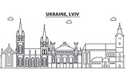 Ukraine, Lviv architecture line skyline illustration. Linear vector cityscape with famous landmarks, city sights, design icons. Landscape wtih editable strokes