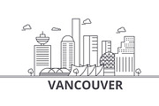Vancouver architecture line skyline illustration. Linear vector cityscape with famous landmarks, city sights, design icons. Landscape wtih editable strokes
