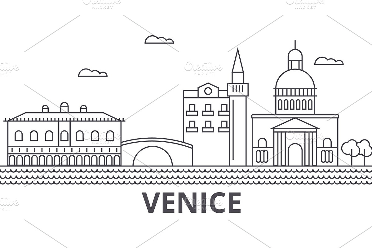 Venice architecture line skyline illustration. Linear vector cityscape with famous landmarks, city sights, design icons. Landscape wtih editable strokes in Illustrations - product preview 8