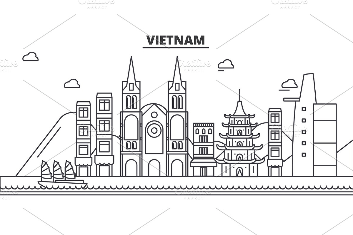 Vietnam architecture line skyline illustration. Linear vector cityscape with famous landmarks, city sights, design icons. Landscape wtih editable strokes in Illustrations - product preview 8