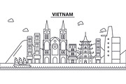 Vietnam architecture line skyline illustration. Linear vector cityscape with famous landmarks, city sights, design icons. Landscape wtih editable strokes