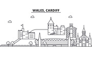 Wales, Cardiff architecture line skyline illustration. Linear vector cityscape with famous landmarks, city sights, design icons. Landscape wtih editable strokes