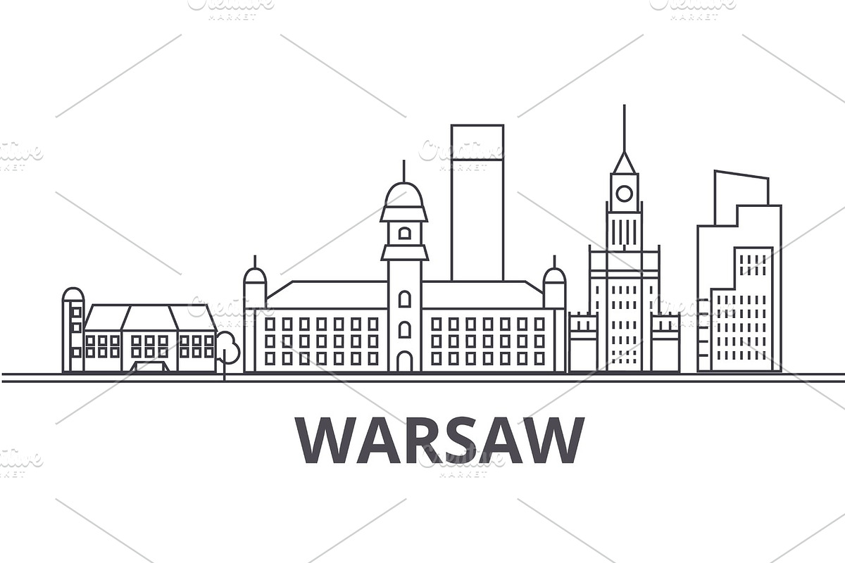 Warsaw architecture line skyline illustration. Linear vector cityscape with famous landmarks, city sights, design icons. Landscape wtih editable strokes in Illustrations - product preview 8