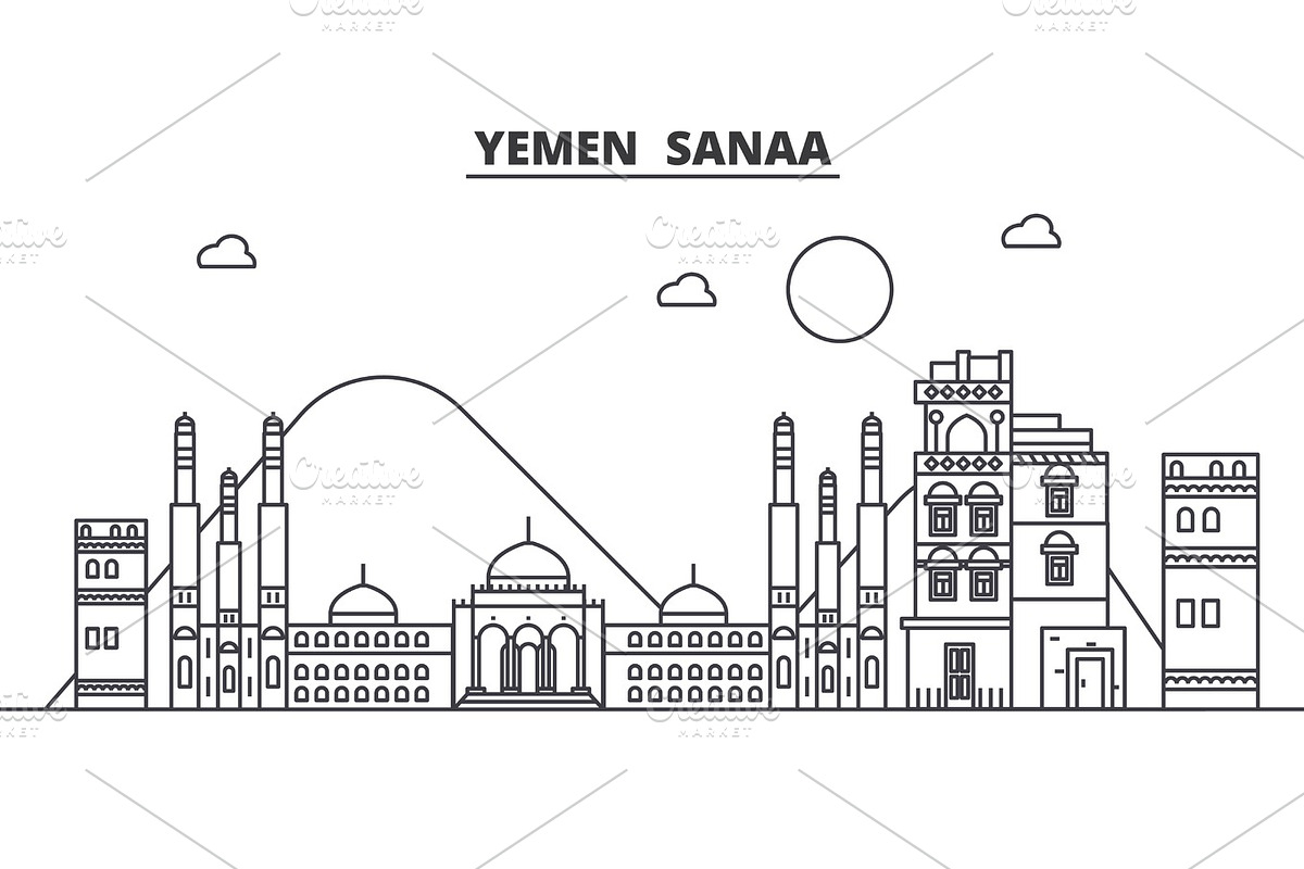 Yemen, Sanaa architecture line skyline illustration. Linear vector cityscape with famous landmarks, city sights, design icons. Landscape wtih editable strokes in Illustrations - product preview 8