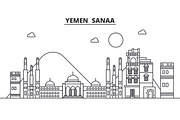 Yemen, Sanaa architecture line skyline illustration. Linear vector cityscape with famous landmarks, city sights, design icons. Landscape wtih editable strokes