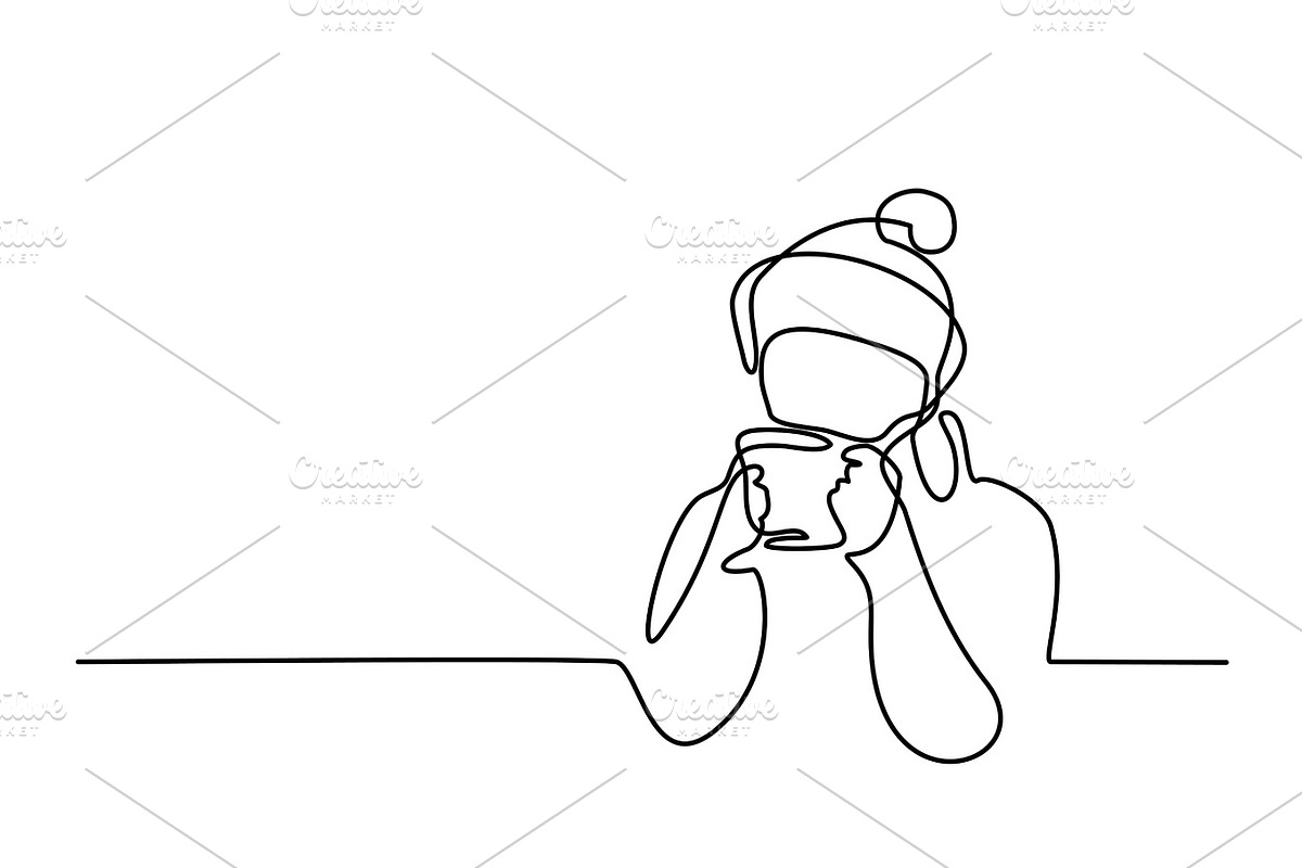 Woman drinking tea winter time in Illustrations - product preview 8