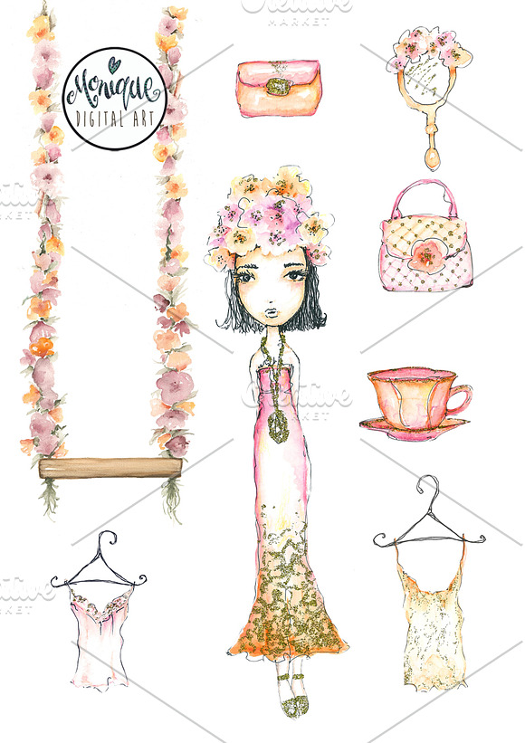 Fashion Girl clipart watercolor in Illustrations - product preview 1