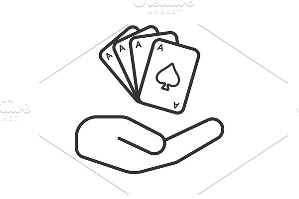 Open hand with playing cards linear icon