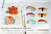 Delicious Watercolor Sushi Set.