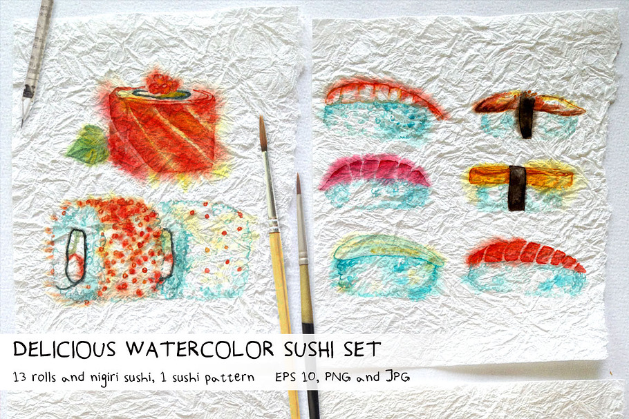Delicious Watercolor Sushi Set. in Illustrations - product preview 8