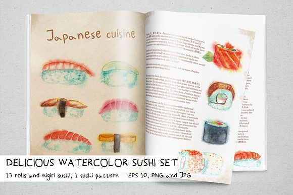 Delicious Watercolor Sushi Set. in Illustrations - product preview 1