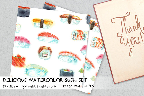 Delicious Watercolor Sushi Set. in Illustrations - product preview 2