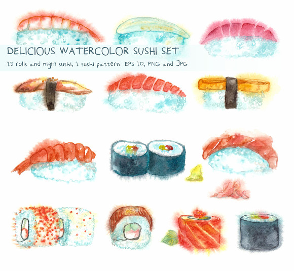 Delicious Watercolor Sushi Set. in Illustrations - product preview 3