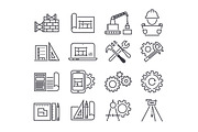 Engineering and manufacturing vector icon set in thin line style
