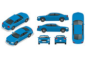 Set of Sedan Cars. Isolated car, template for branding and advertising. Front, rear , side, top and isometry front and back Change the color in one click All elements in groups on separate layers