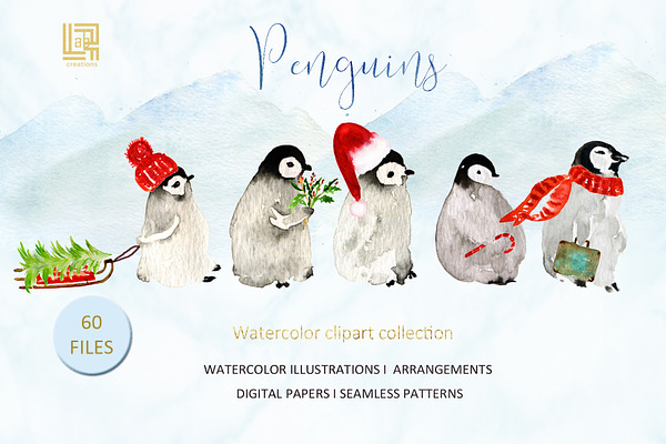 Winter Penguins. Watercolor clipart