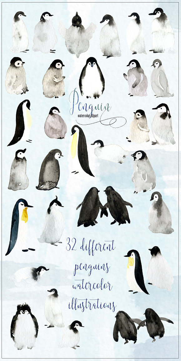 Winter Penguins. Watercolor clipart in Illustrations - product preview 1