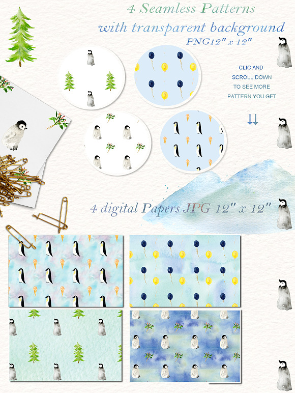 Winter Penguins. Watercolor clipart in Illustrations - product preview 3